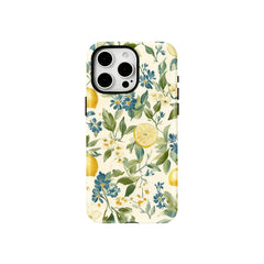 Wagmade Mediterranean Citrus Shockproof Phone Case for iPhone - Watercolor Lemons & Blue Wildflowers