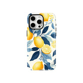 Wagmade Mediterranean Summer Shockproof Phone Case for iPhone - Zesty Lemons & Navy Blue Leaves