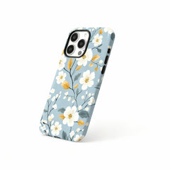 Wagmade Aesthetic Floral Shockproof Phone Case for iPhone - Sky Blue with White Blossoms & Gold Leaves