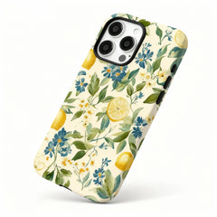 Wagmade Mediterranean Citrus Shockproof Phone Case for iPhone - Watercolor Lemons & Blue Wildflowers