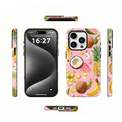 Wagmade Tropical Fruit Punch Shockproof Phone Case for iPhone - Pink Background with Pineapple & Coconut
