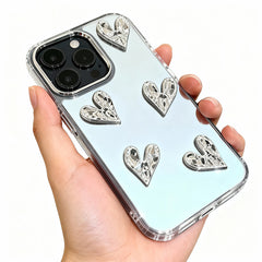 Wagmade Luxury Mirror & 3D Crystal Hearts Phone Case for iPhone - Silver Chrome