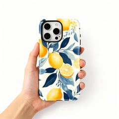 Wagmade Mediterranean Summer Shockproof Phone Case for iPhone - Zesty Lemons & Navy Blue Leaves