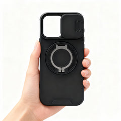 Hand holding a black tactical phone case, demonstrating non-slip grip and camera privacy cover protection.