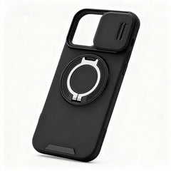 Angled view of military grade armor case showing reinforced corners, tactile buttons, and pop-out ring kickstand.