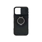 Black rugged iPhone 16 Pro Max case featuring slide camera lens cover and built-in magnetic ring stand.