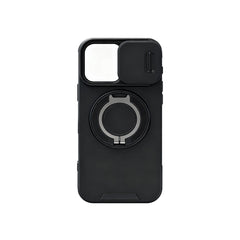 Black rugged iPhone 16 Pro Max case featuring slide camera lens cover and built-in magnetic ring stand.