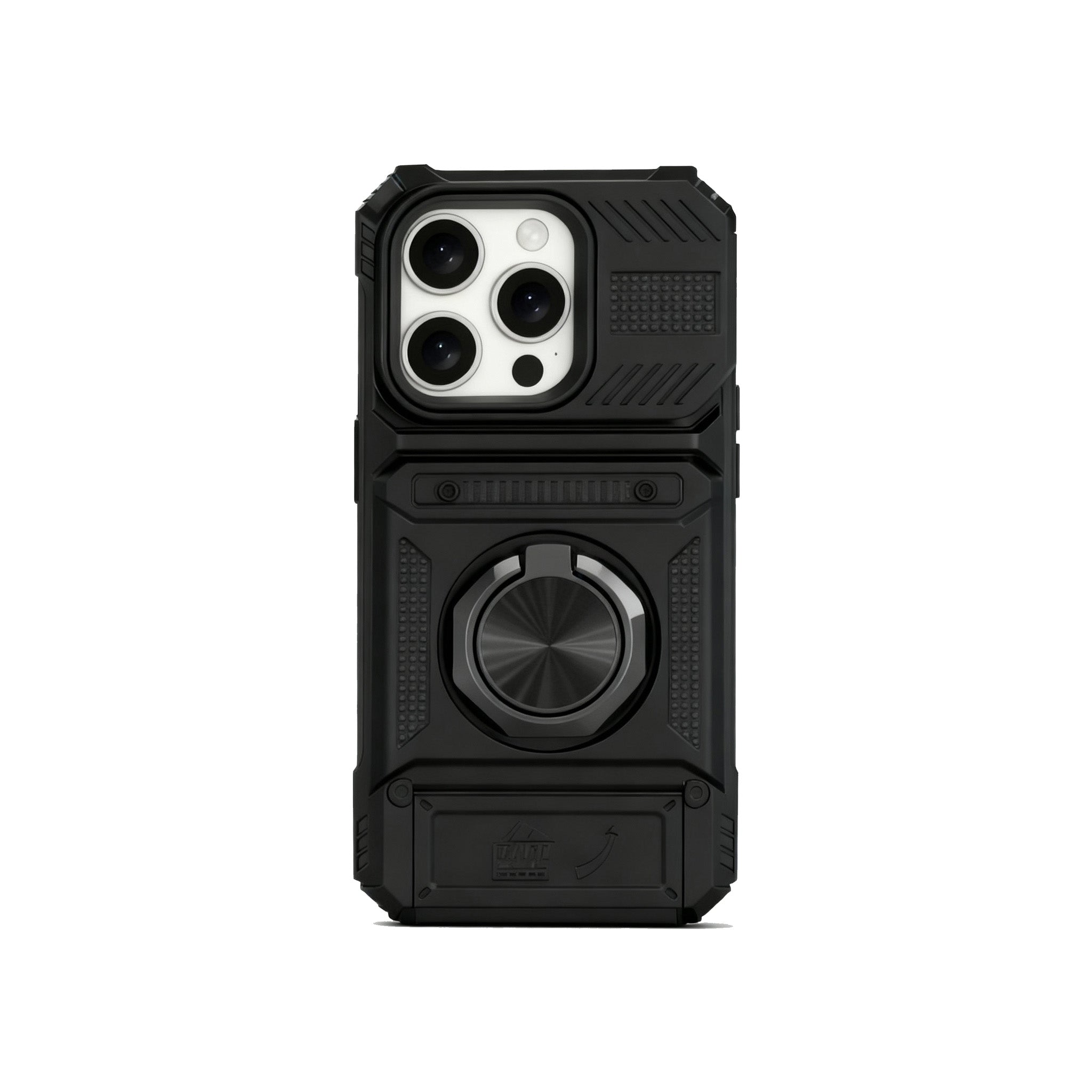 Black rugged armor iPhone case with mechanical aesthetic and 360 rotatable ring stand.