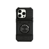 Black rugged armor iPhone case with mechanical aesthetic and 360 rotatable ring stand.