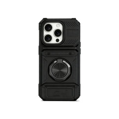 Black rugged armor iPhone case with mechanical aesthetic and 360 rotatable ring stand.