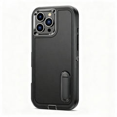 Black rugged phone case back view showing built-in oval kickstand and camera protection.