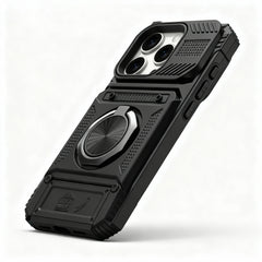 Angled view of protective phone case highlighting reinforced corners and built-in metal ring kickstand.