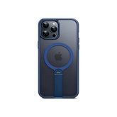 Back view of translucent blue slim case featuring MagSafe circle and foldable grip stand.