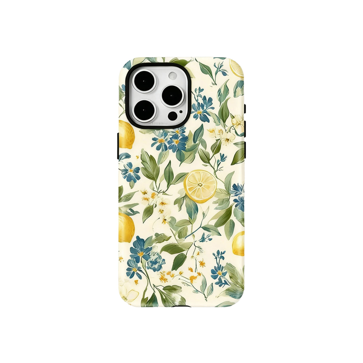 Wagmade Mediterranean Citrus Shockproof Phone Case for iPhone - Watercolor Lemons & Blue Wildflowers