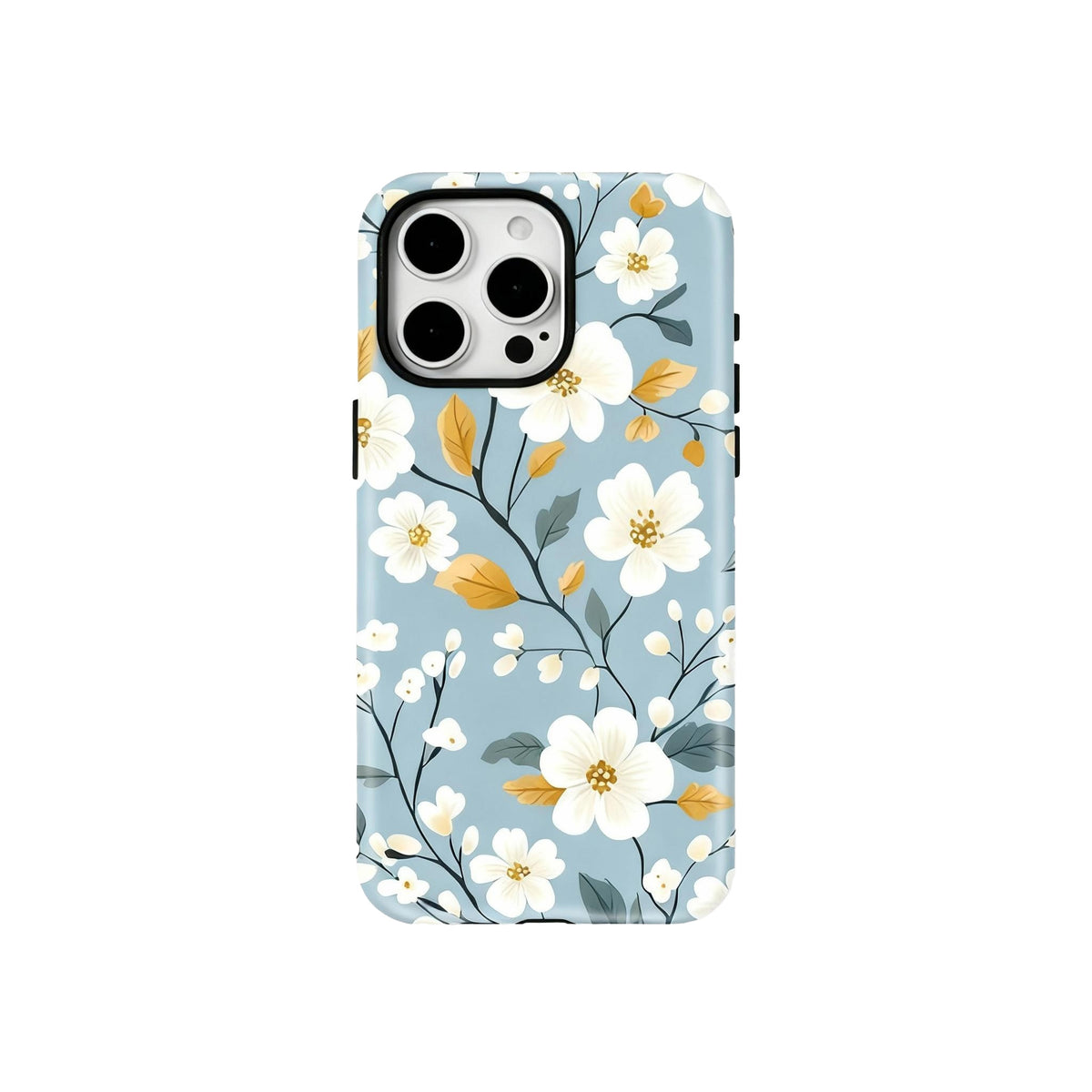 Wagmade Aesthetic Floral Shockproof Phone Case for iPhone - Sky Blue with White Blossoms & Gold Leaves