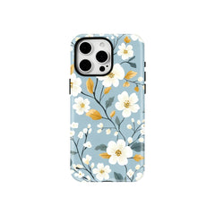 Wagmade Aesthetic Floral Shockproof Phone Case for iPhone - Sky Blue with White Blossoms & Gold Leaves