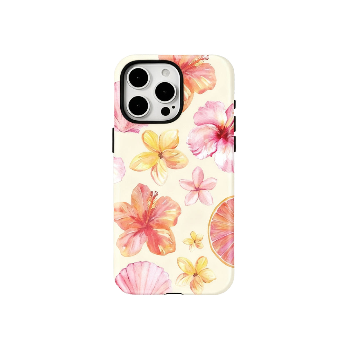 Wagmade Summer Beach Shockproof Phone Case for iPhone - Pink Hibiscus, Plumeria & Seashells