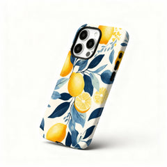 Wagmade Mediterranean Summer Shockproof Phone Case for iPhone - Zesty Lemons & Navy Blue Leaves