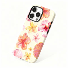 Wagmade Summer Beach Shockproof Phone Case for iPhone - Pink Hibiscus, Plumeria & Seashells