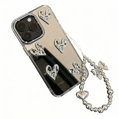 Wagmade Luxury Mirror & 3D Crystal Hearts Phone Case for iPhone - Silver Chrome