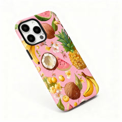 Wagmade Tropical Fruit Punch Shockproof Phone Case for iPhone - Pink Background with Pineapple & Coconut