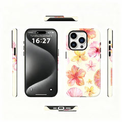 Wagmade Summer Beach Shockproof Phone Case for iPhone - Pink Hibiscus, Plumeria & Seashells