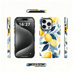 Wagmade Mediterranean Summer Shockproof Phone Case for iPhone - Zesty Lemons & Navy Blue Leaves