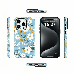 Wagmade Aesthetic Floral Shockproof Phone Case for iPhone - Sky Blue with White Blossoms & Gold Leaves