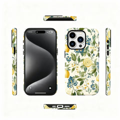 Wagmade Mediterranean Citrus Shockproof Phone Case for iPhone - Watercolor Lemons & Blue Wildflowers