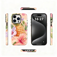 Wagmade Tropical Paradise Shockproof Phone Case for iPhone - Pineapple & Pink Hibiscus
