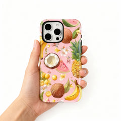 Wagmade Tropical Fruit Punch Shockproof Phone Case for iPhone - Pink Background with Pineapple & Coconut