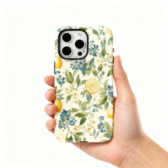 Wagmade Mediterranean Citrus Shockproof Phone Case for iPhone - Watercolor Lemons & Blue Wildflowers