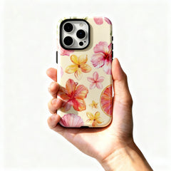 Wagmade Summer Beach Shockproof Phone Case for iPhone - Pink Hibiscus, Plumeria & Seashells