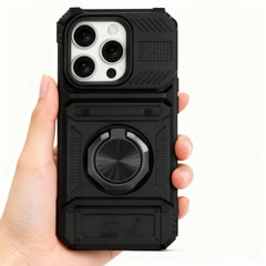 Hand holding a heavy duty shockproof iPhone case showing non-slip texture and metal ring.