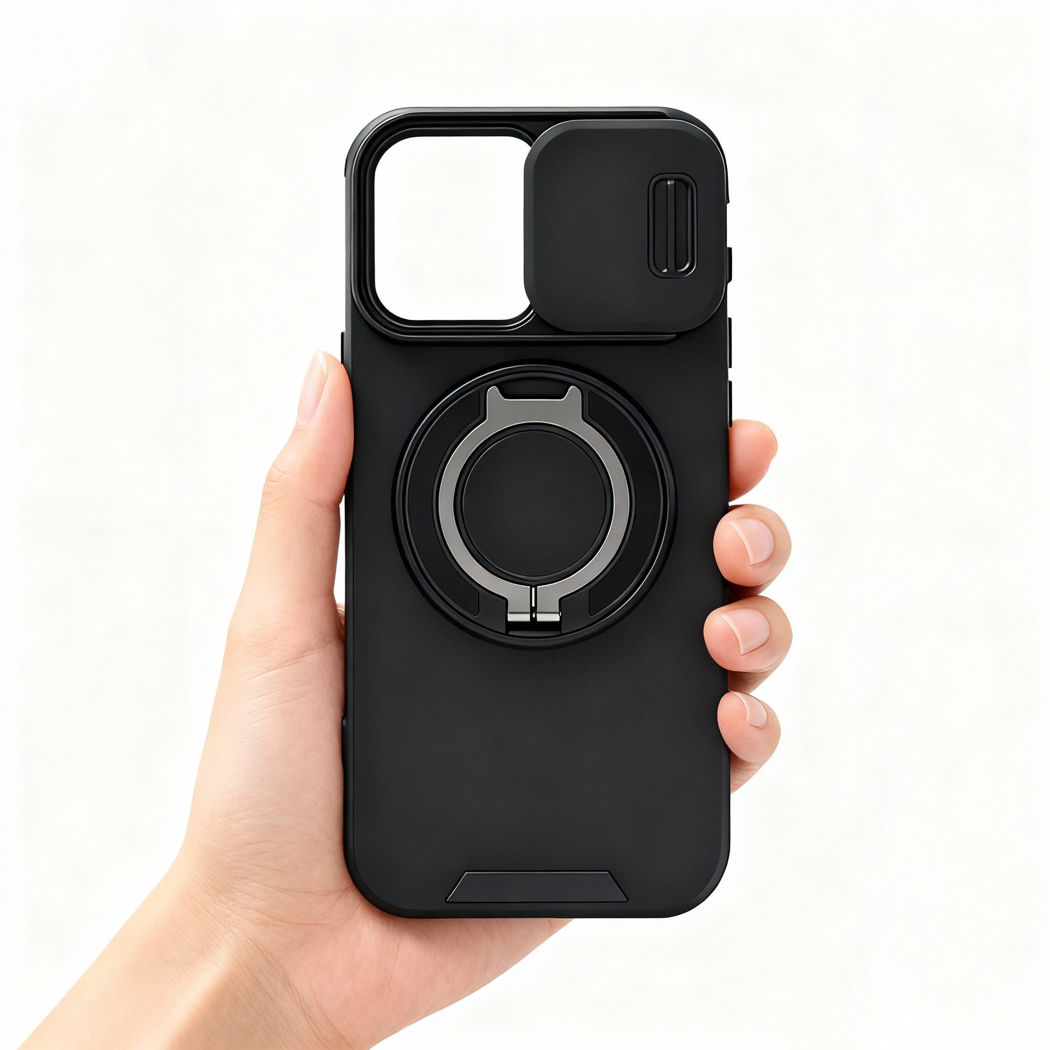 Hand holding a black tactical phone case, demonstrating non-slip grip and camera privacy cover protection.