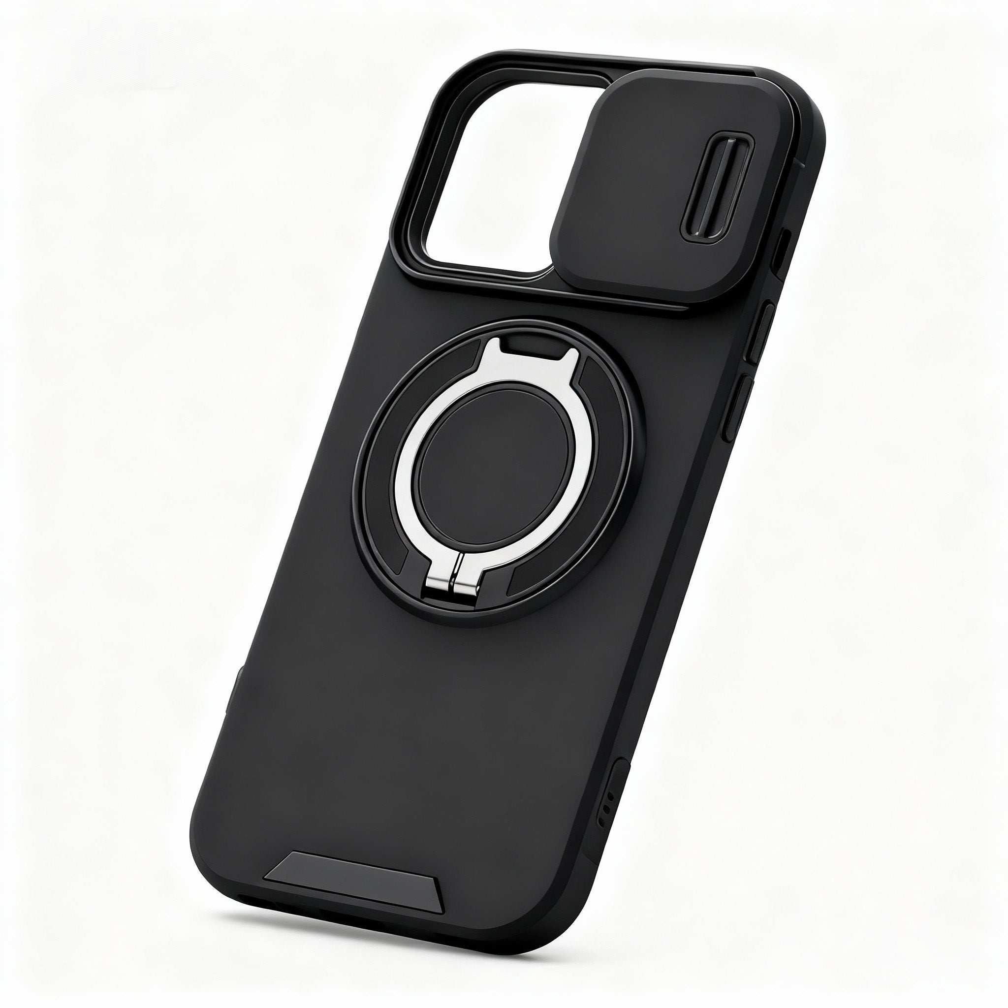 Angled view of military grade armor case showing reinforced corners, tactile buttons, and pop-out ring kickstand.