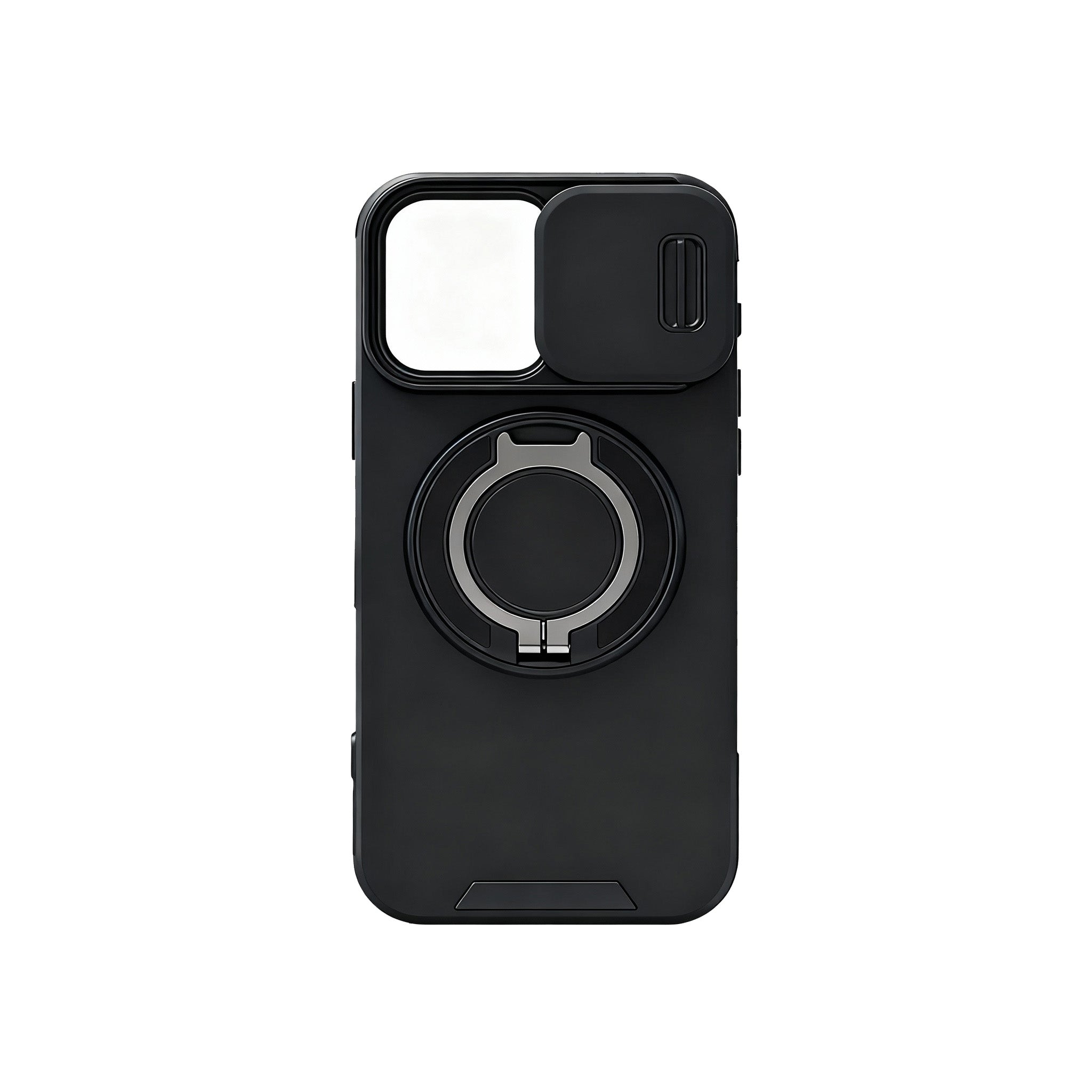 Black rugged iPhone 16 Pro Max case featuring slide camera lens cover and built-in magnetic ring stand.
