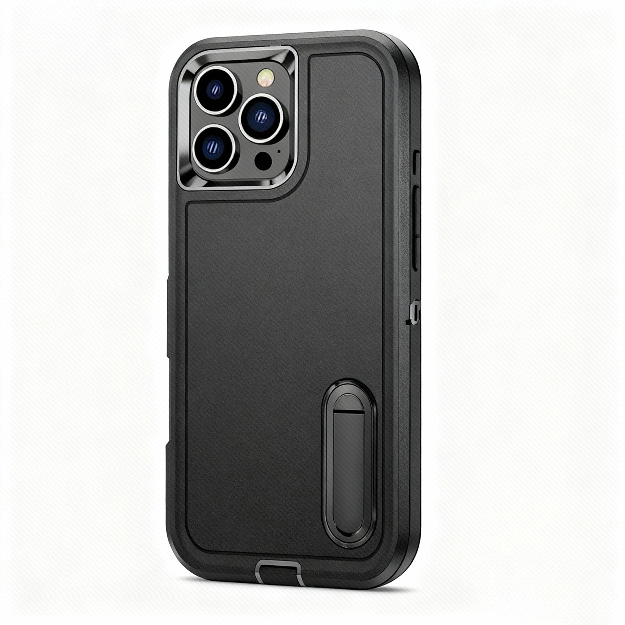 Black rugged phone case back view showing built-in oval kickstand and camera protection.