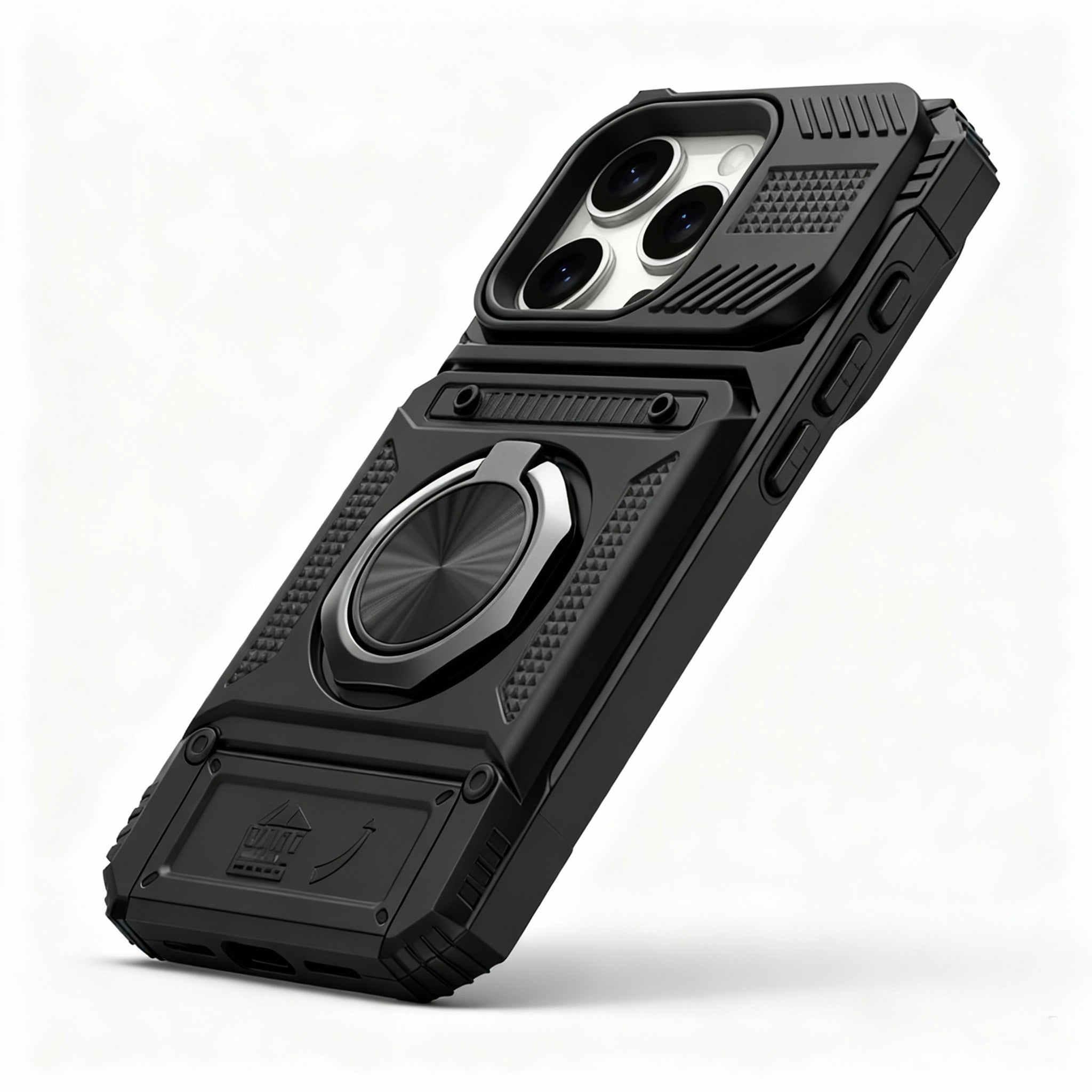 Angled view of protective phone case highlighting reinforced corners and built-in metal ring kickstand.