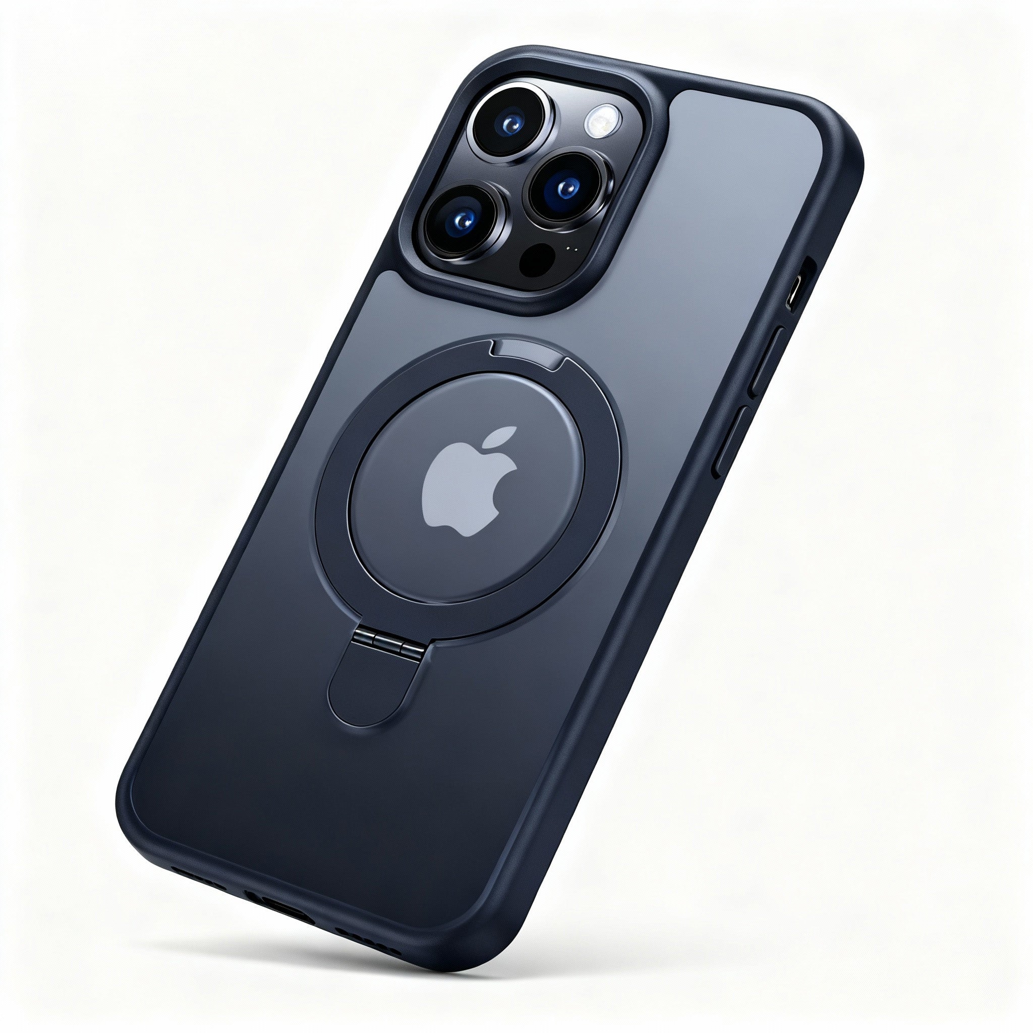 Angled view of slim magnetic phone case showing blue bumper and flush kickstand design.