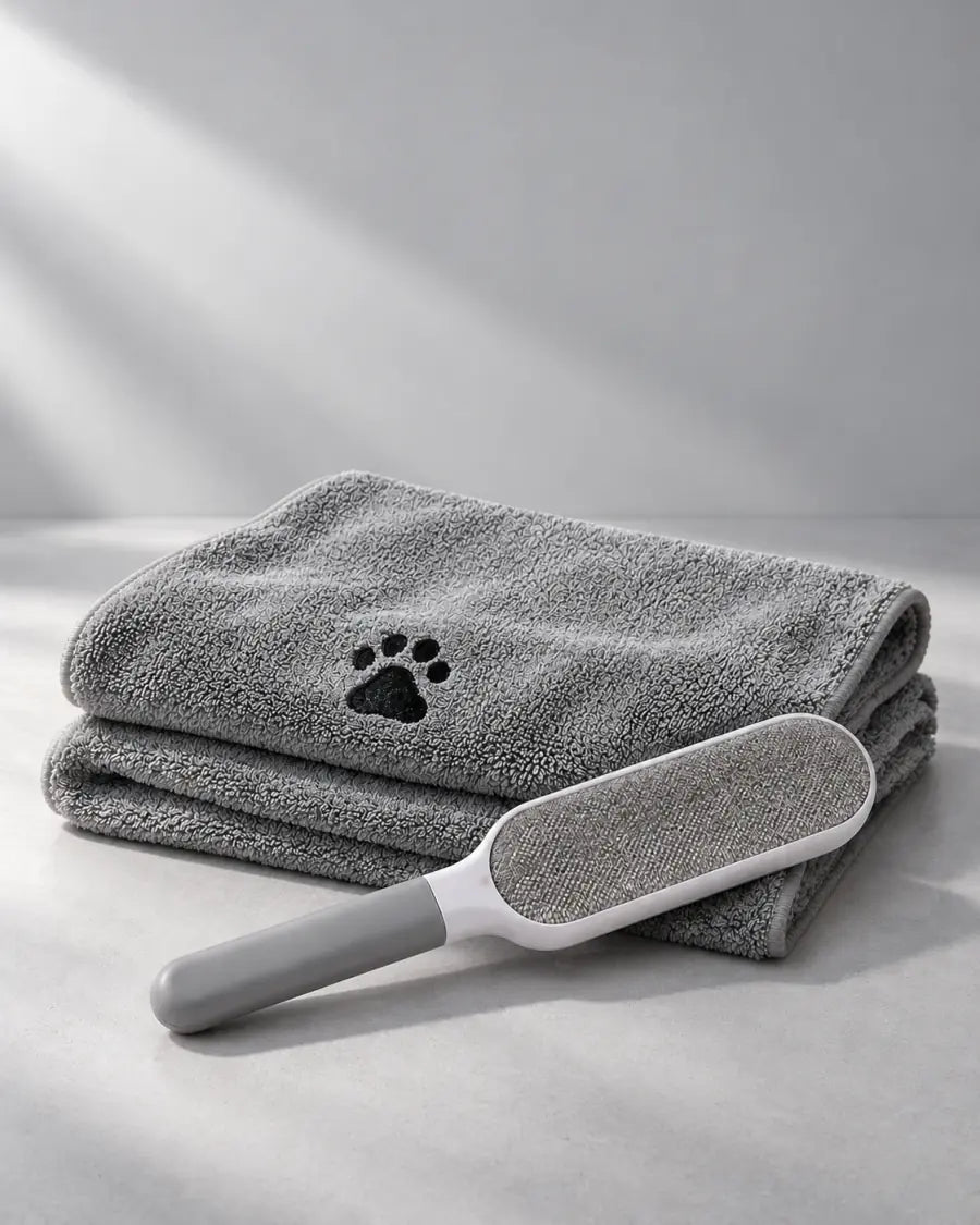 A grey paw towel and grooming brush on a clean cool-grey studio surface