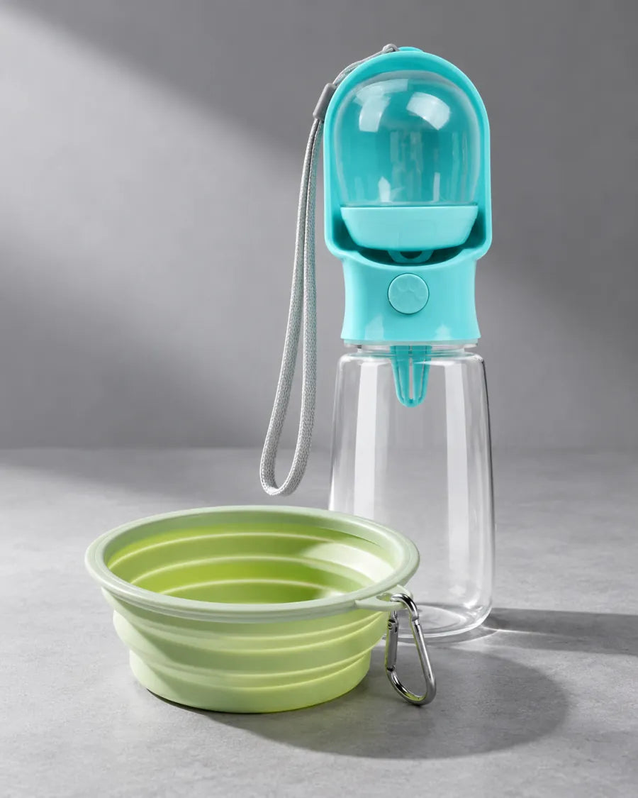 A turquoise pet water bottle and sage folding bowl arranged in a clean cool-grey studio